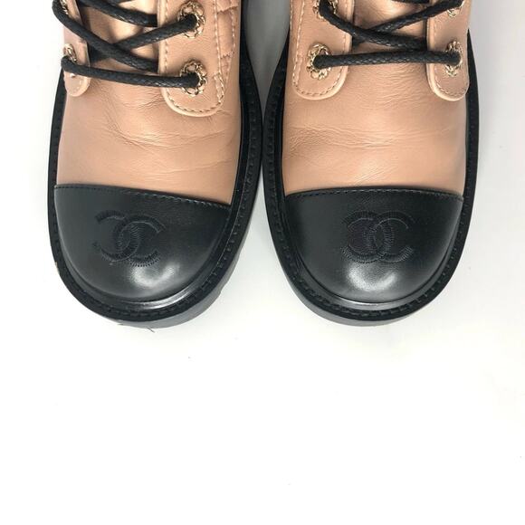 Chanel Quilted CC Logo Lambskin and Calfskin Cap Toe Combat Short Boots 36.5 - Picture 6 of 11